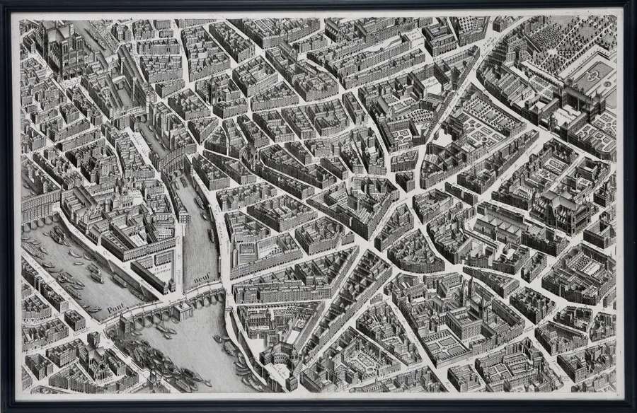 The set of 20 plates forming a complete map of Paris, framed.